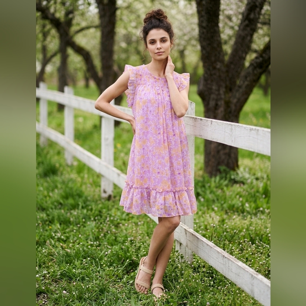 Umgee Smocked‎ Detail Floral Metallic Ruffle Cap Sleeve Dress Medium NWT Spring